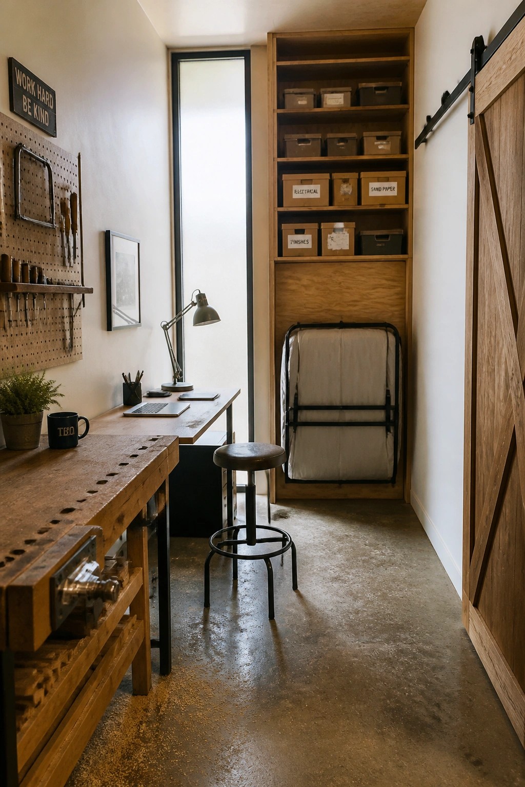 Narrow interior room featuring a wooden workbench, pegboard with tools, desk with lamp and stool, and tall built-in wooden shelving with labeled storage bins above a vertically stored folded mattress or screen beside a sliding barn door.
