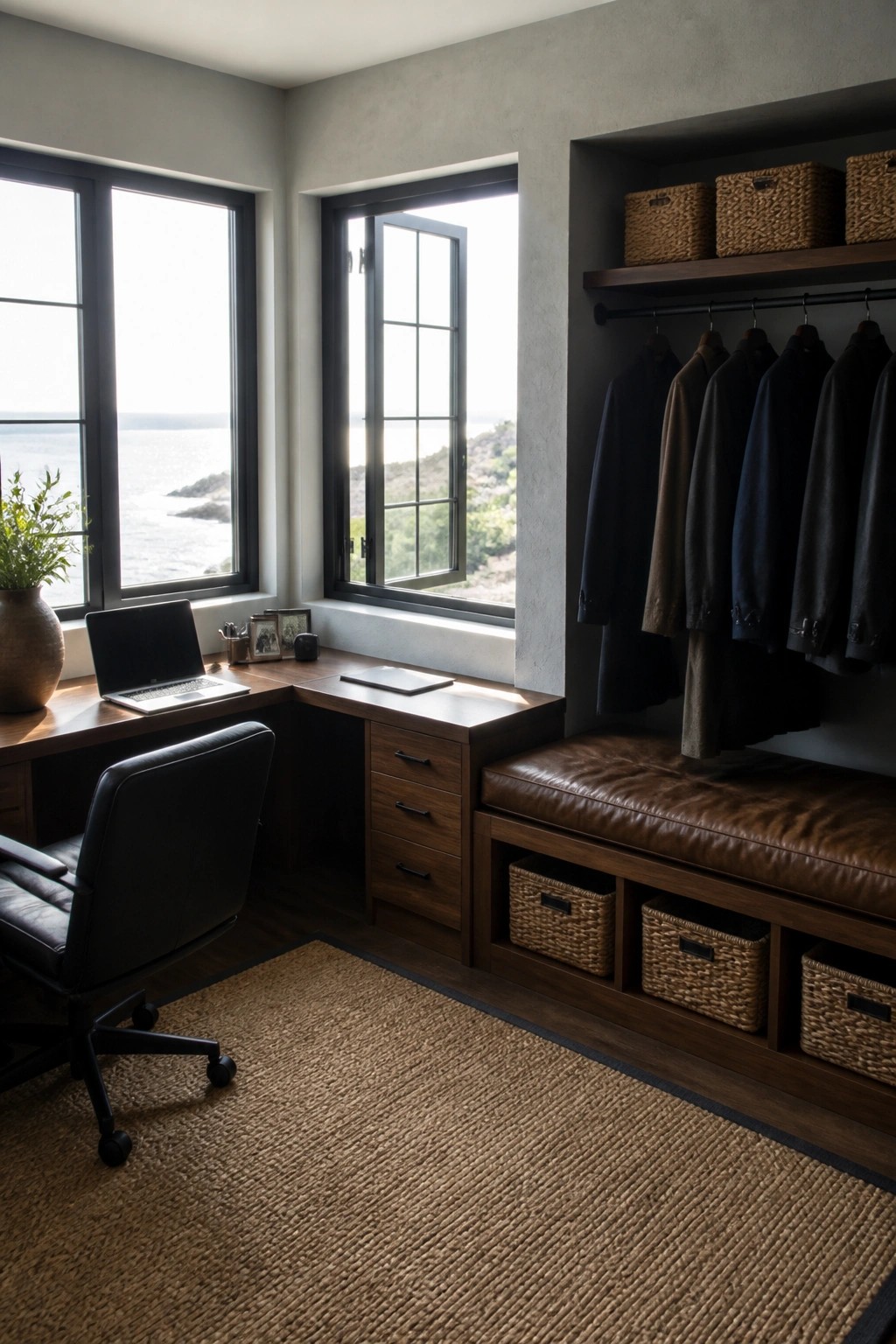 A corner home office with an L-shaped wooden desk under large windows overlooking water and an adjacent built-in unit featuring hanging coats, a leather bench, and woven storage baskets.
