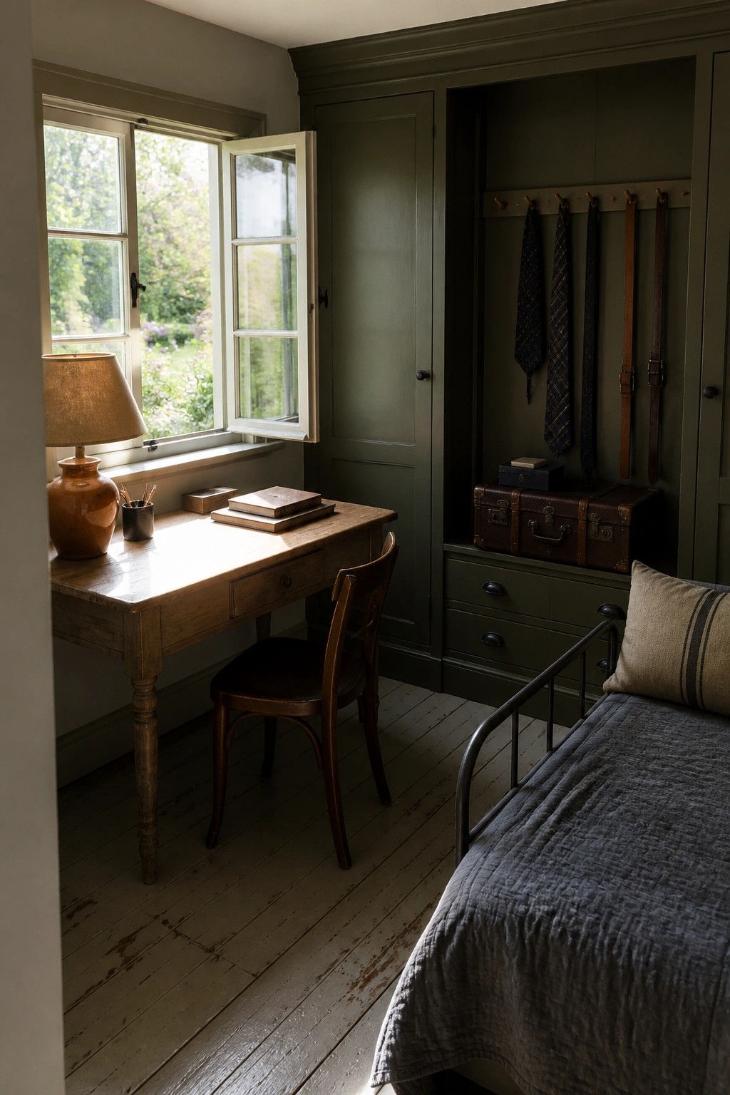 A wooden desk under an open window next to dark green built-in cabinets with hooks holding ties and belts, plus storage trunks on the drawers.