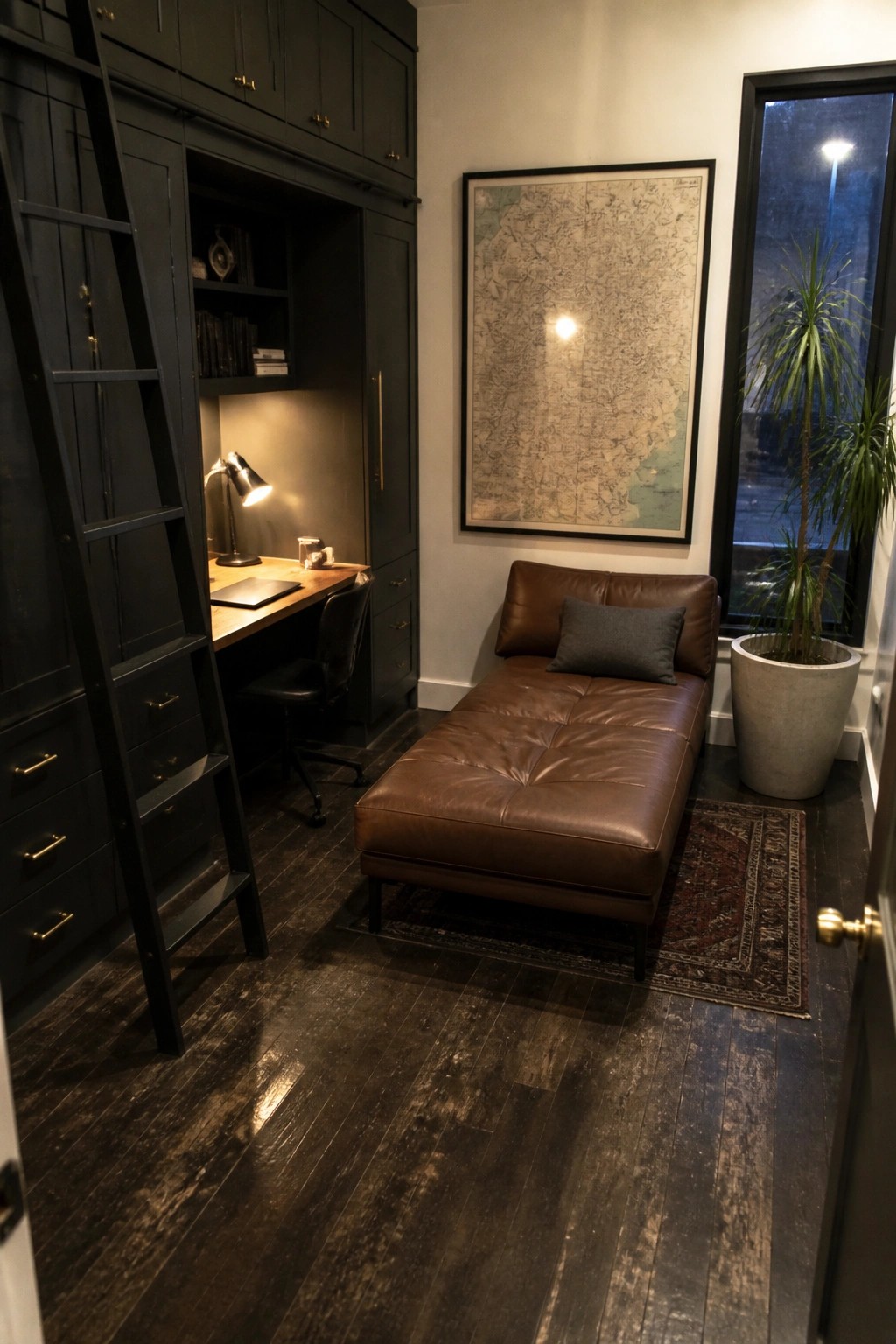 A compact room with dark built-in cabinetry featuring a desk area, rolling ladder, brown leather chaise lounge, and large framed map on the wall.