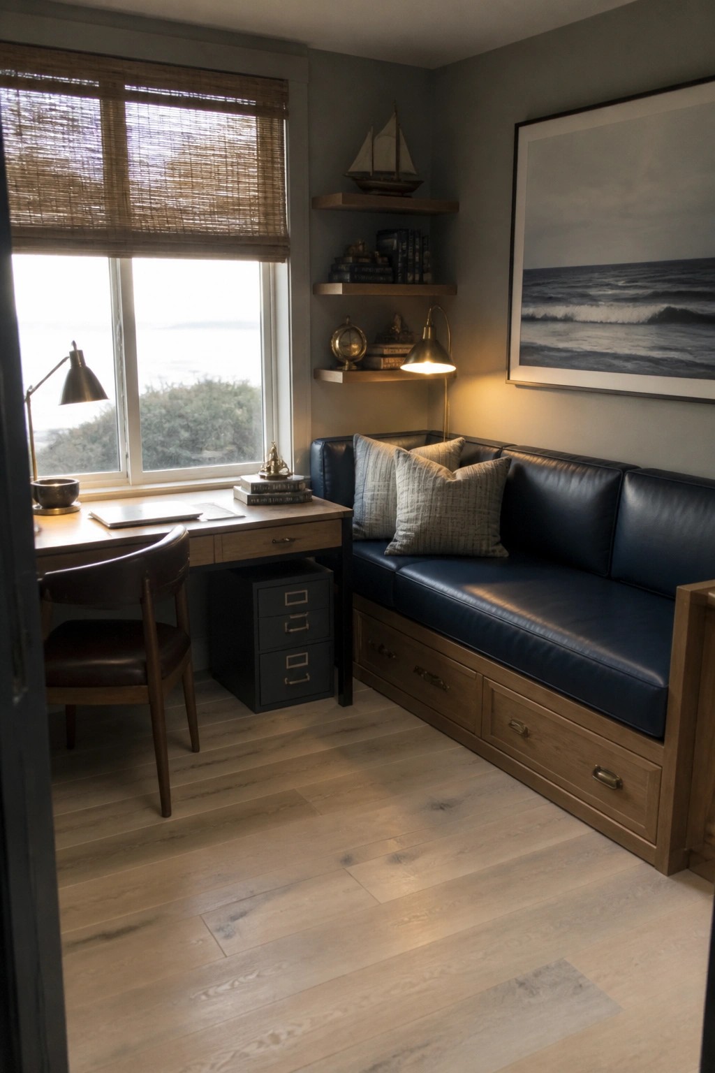 A home office features a wooden desk with a chair by a window, a blue leather sofa with storage drawers below, and floating shelves on the wall above.