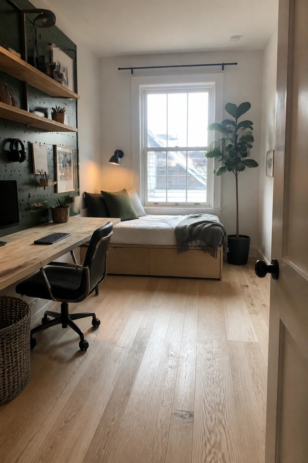 A narrow room with a wooden desk and black office chair positioned next to a bed with under-bed storage drawers beneath a large window.