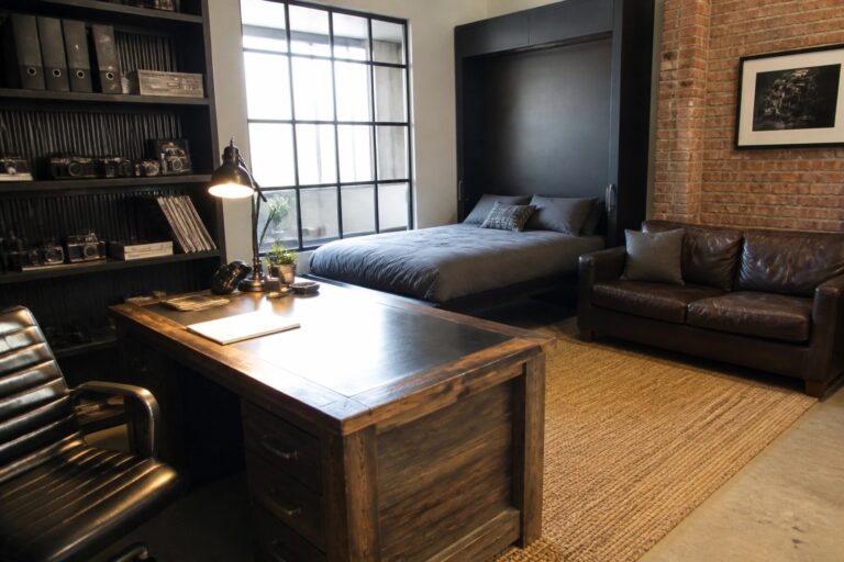 25 Practical Masculine Home Office Ideas for Dual-Purpose Rooms A home office with a wooden desk and black chair in front of a black-framed glass sliding door that opens to a bedroom with a bed and leather sofa.