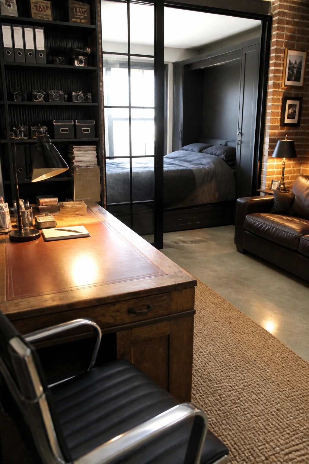 A home office with a wooden desk and black chair in front of a black-framed glass sliding door that opens to a bedroom with a bed and leather sofa.
