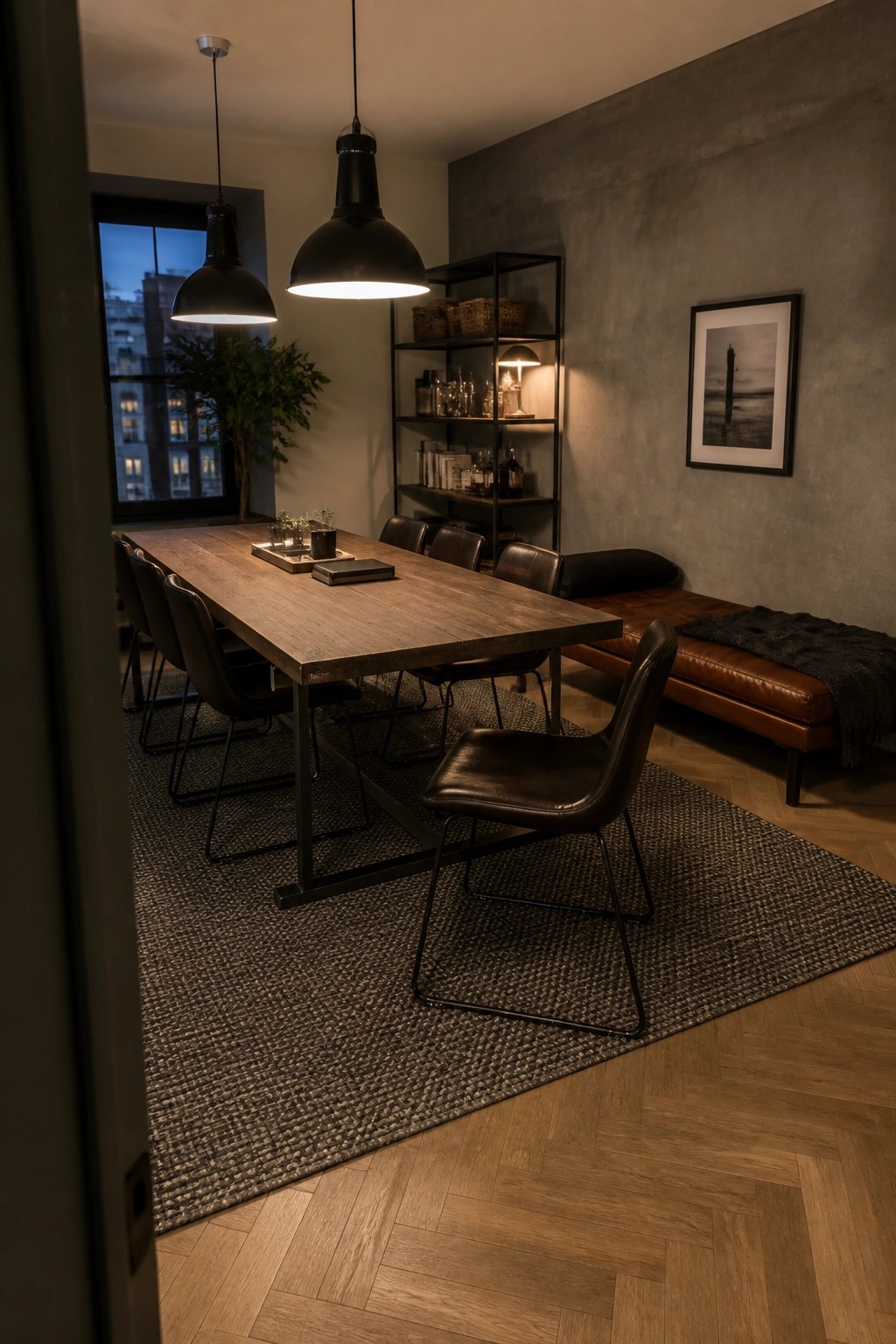 Modern dining room with long wooden table, black leather chairs, pendant lights and leather bench.