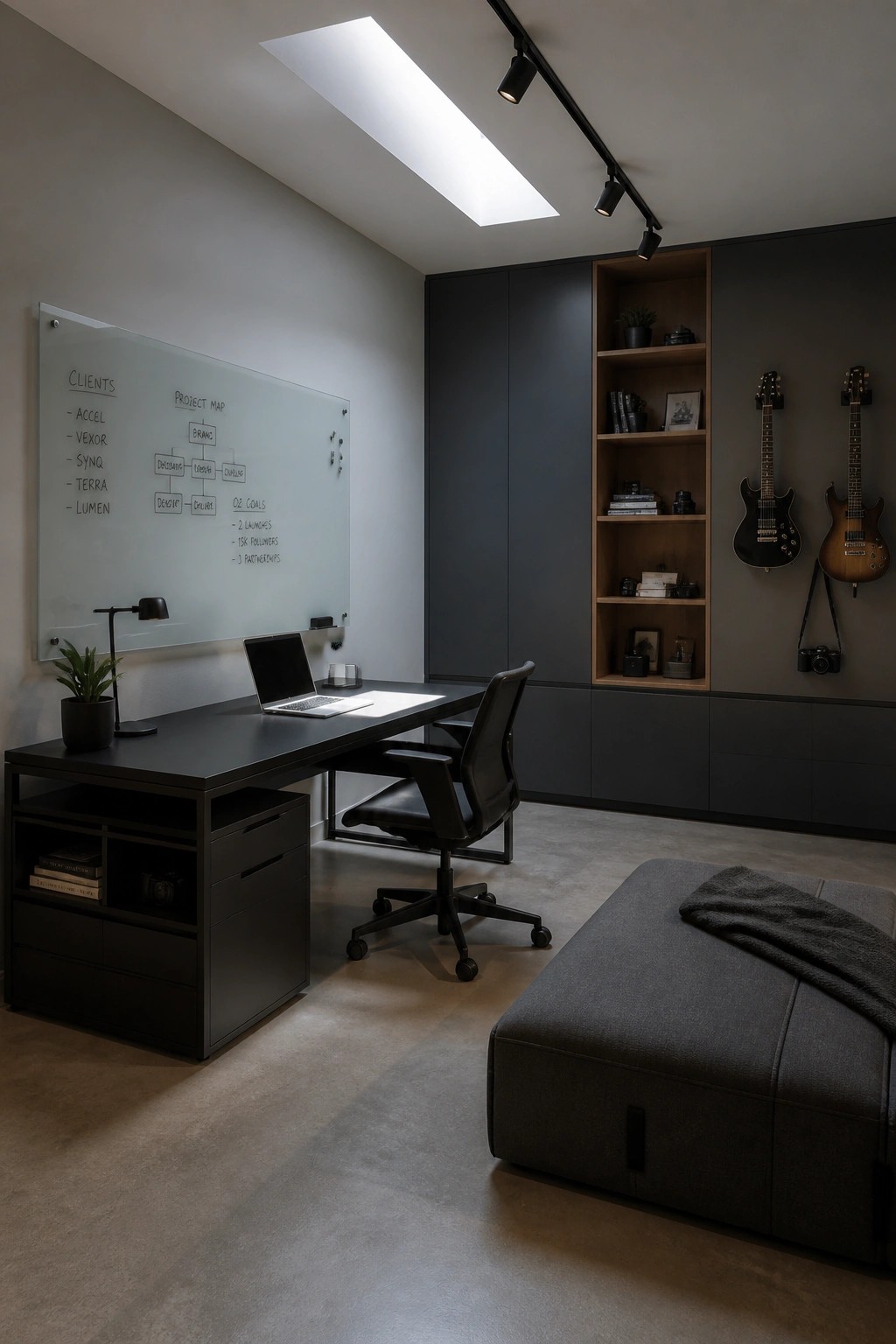 A home office with a black desk, office chair, large whiteboard, built-in dark cabinetry, open shelving, and two electric guitars mounted on the wall.