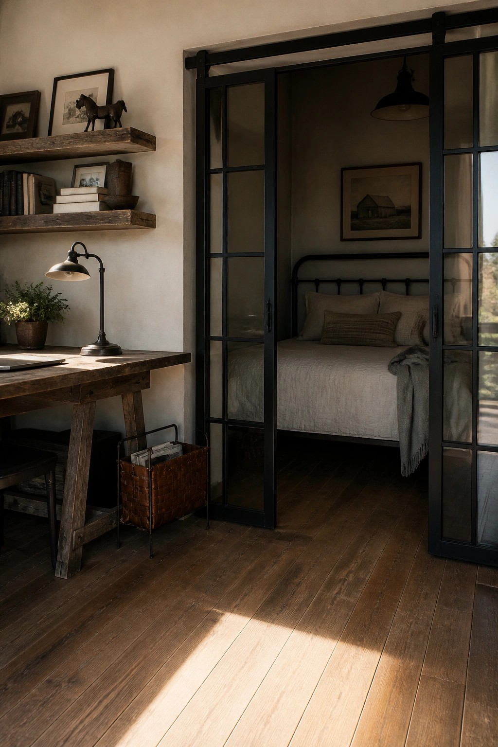 Rustic wooden desk beside open sliding doors to sunlit bedroom with iron bed frame
