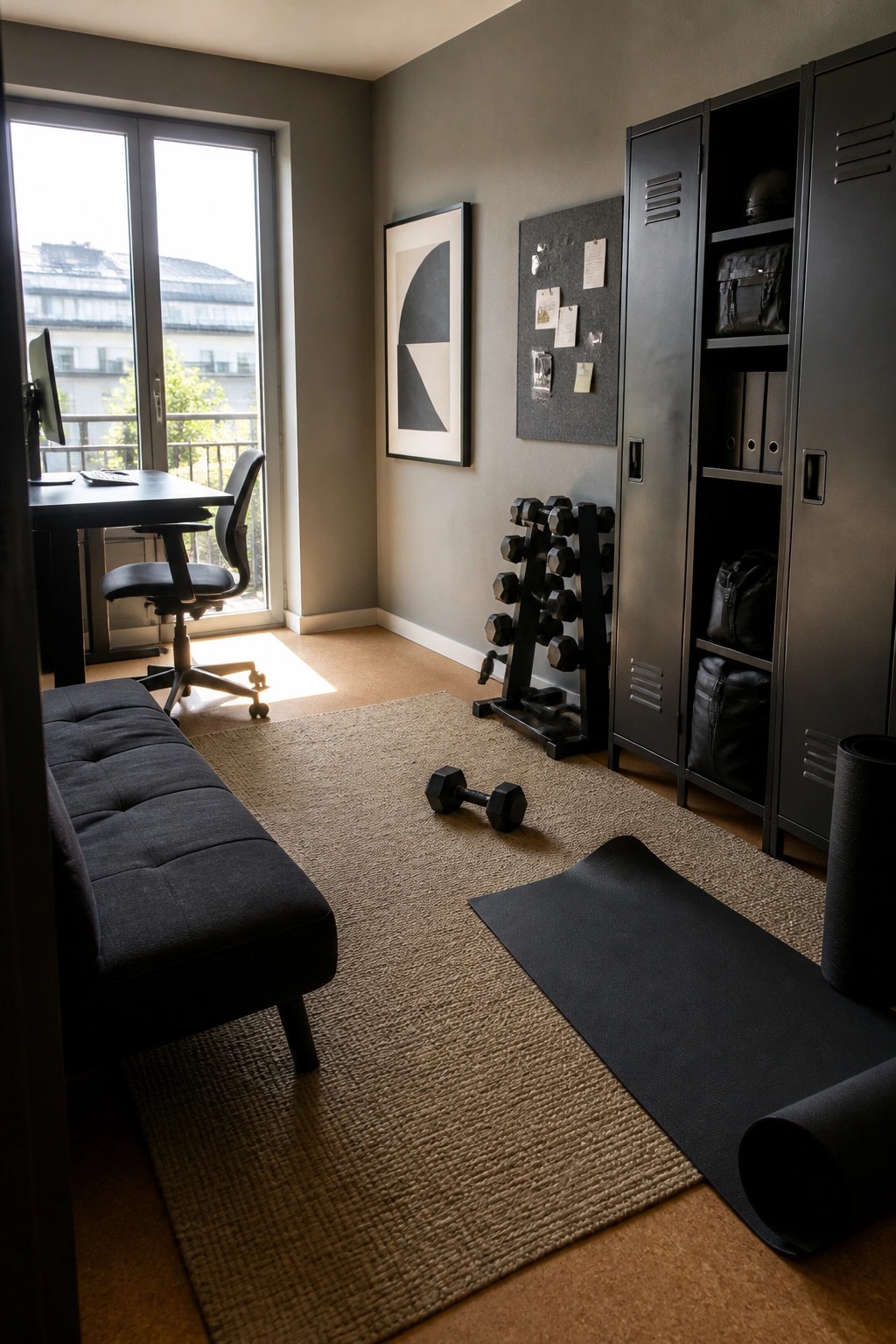 A masculine home office with a desk near the window and black metal lockers beside a dumbbell rack and rolled yoga mat on a woven rug.