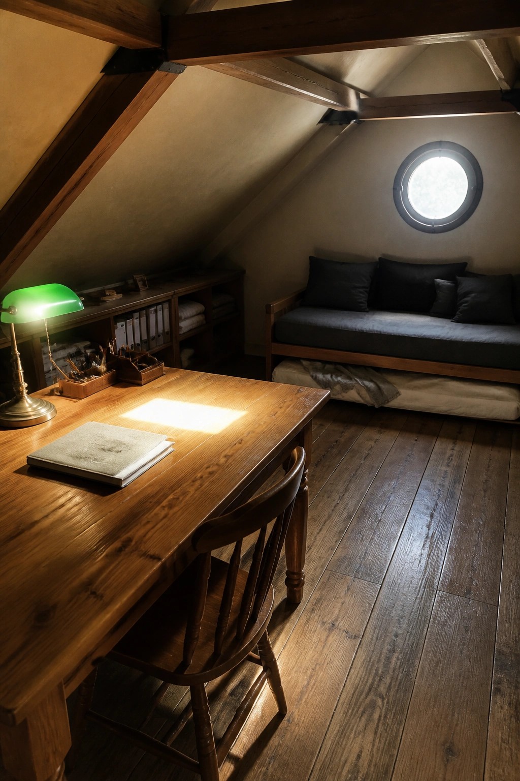 A wooden desk with a green lamp and an open book sits in front of a daybed with dark pillows beneath a round window in an attic room.