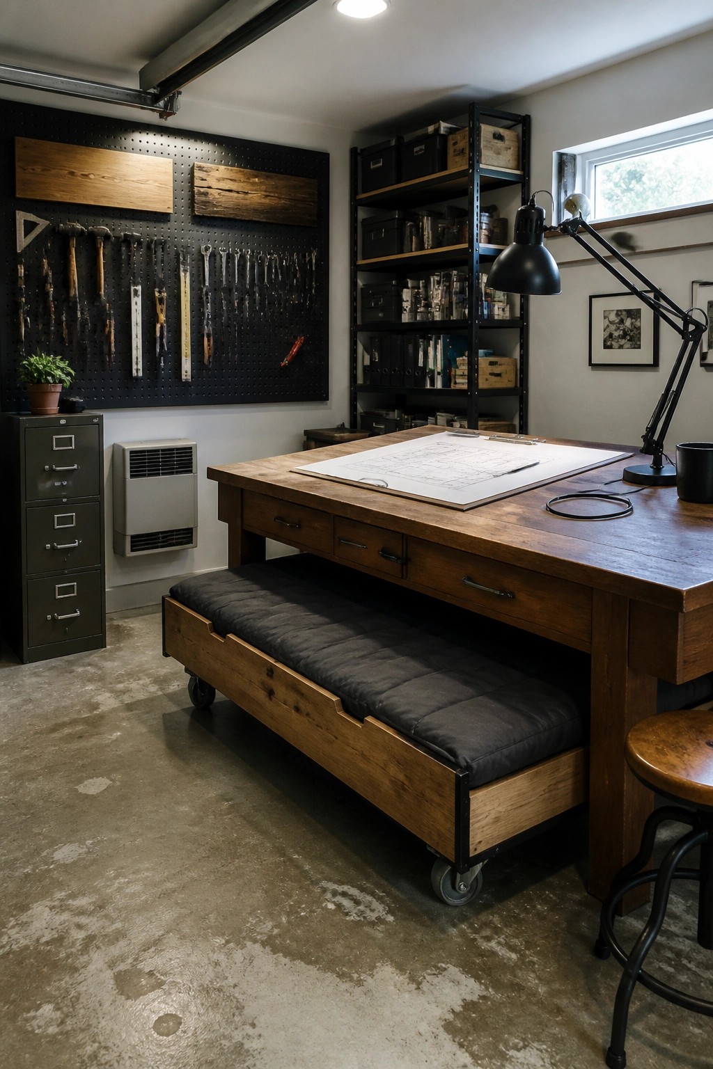 A wooden workbench desk in a home office with a large cushioned bench on wheels stored underneath, a pegboard of tools on the wall behind, and metal shelves to the right.