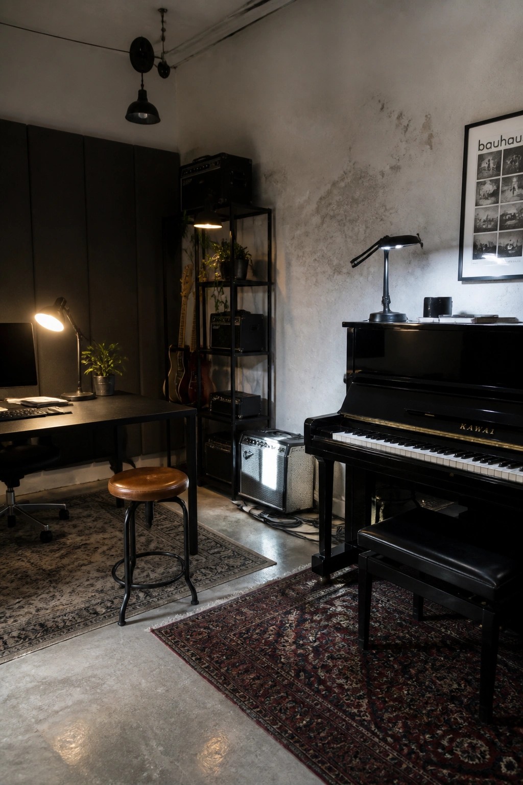 A room with a desk and stool on one patterned rug, a piano and bench on another, shelves with guitars and amps, and a concrete floor and wall.