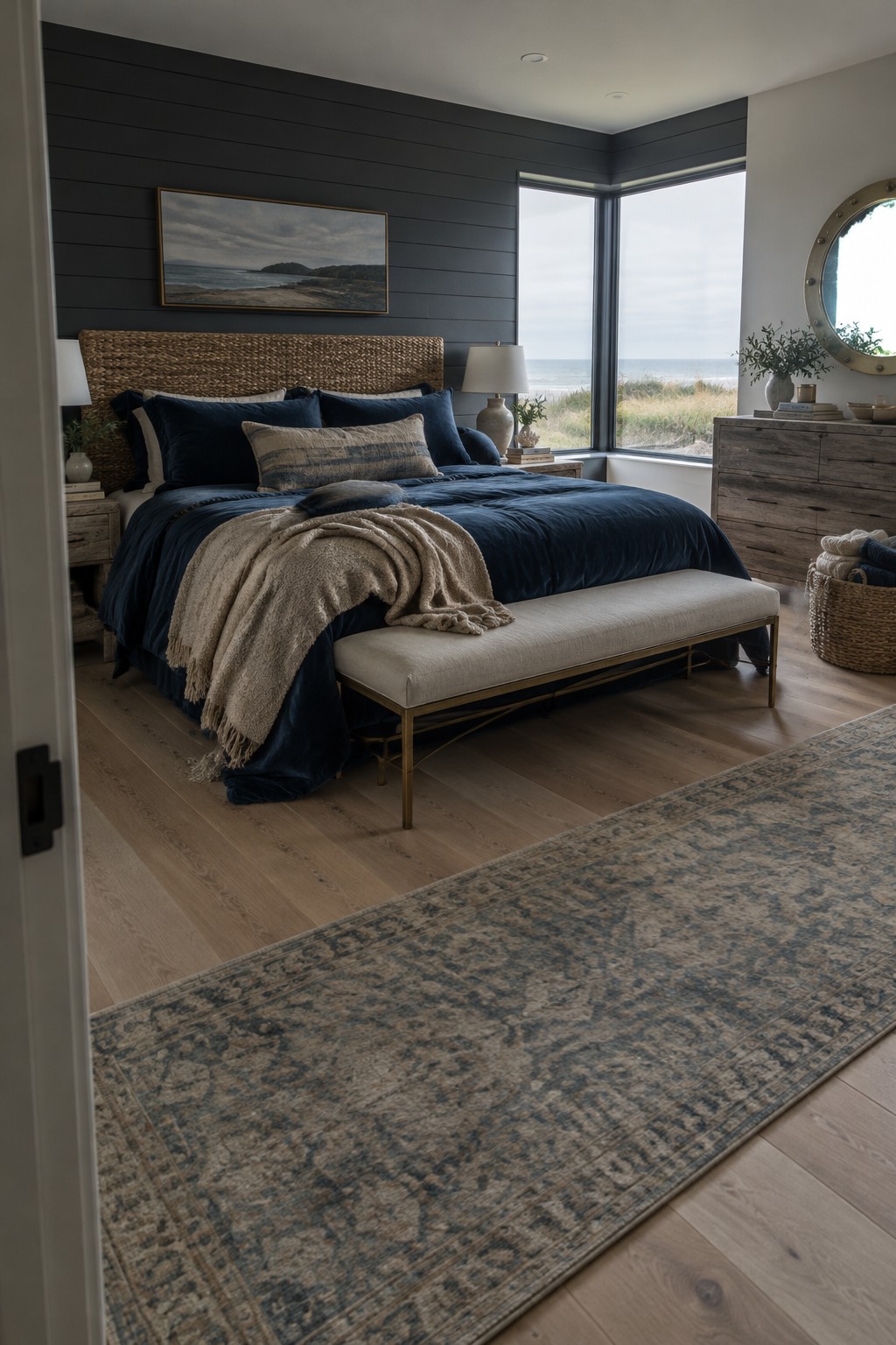 A bedroom with a navy velvet bedspread, woven headboard, cream throw, dark paneled wall, and ocean-facing windows.