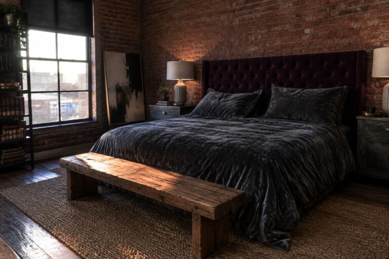 A dark velvet bed with a tufted plum headboard, gray pillows, and a wooden bench in a brick-walled bedroom.