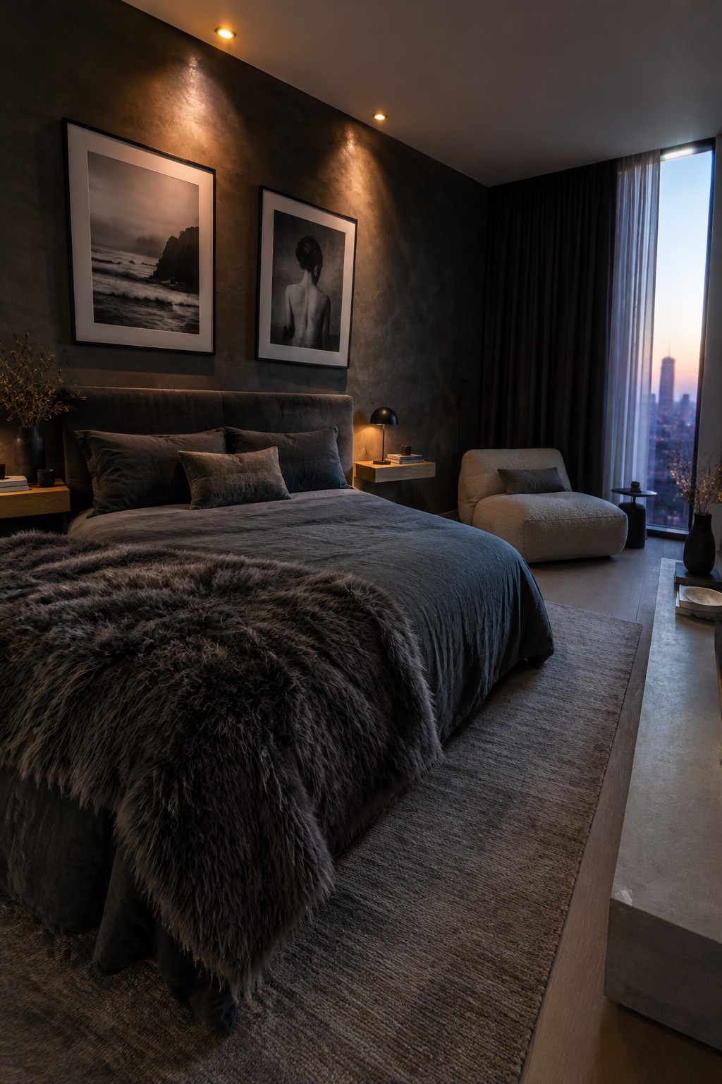 A dark bedroom with charcoal bedding, a shaggy throw across the foot of the bed, and framed black-and-white prints above the headboard.