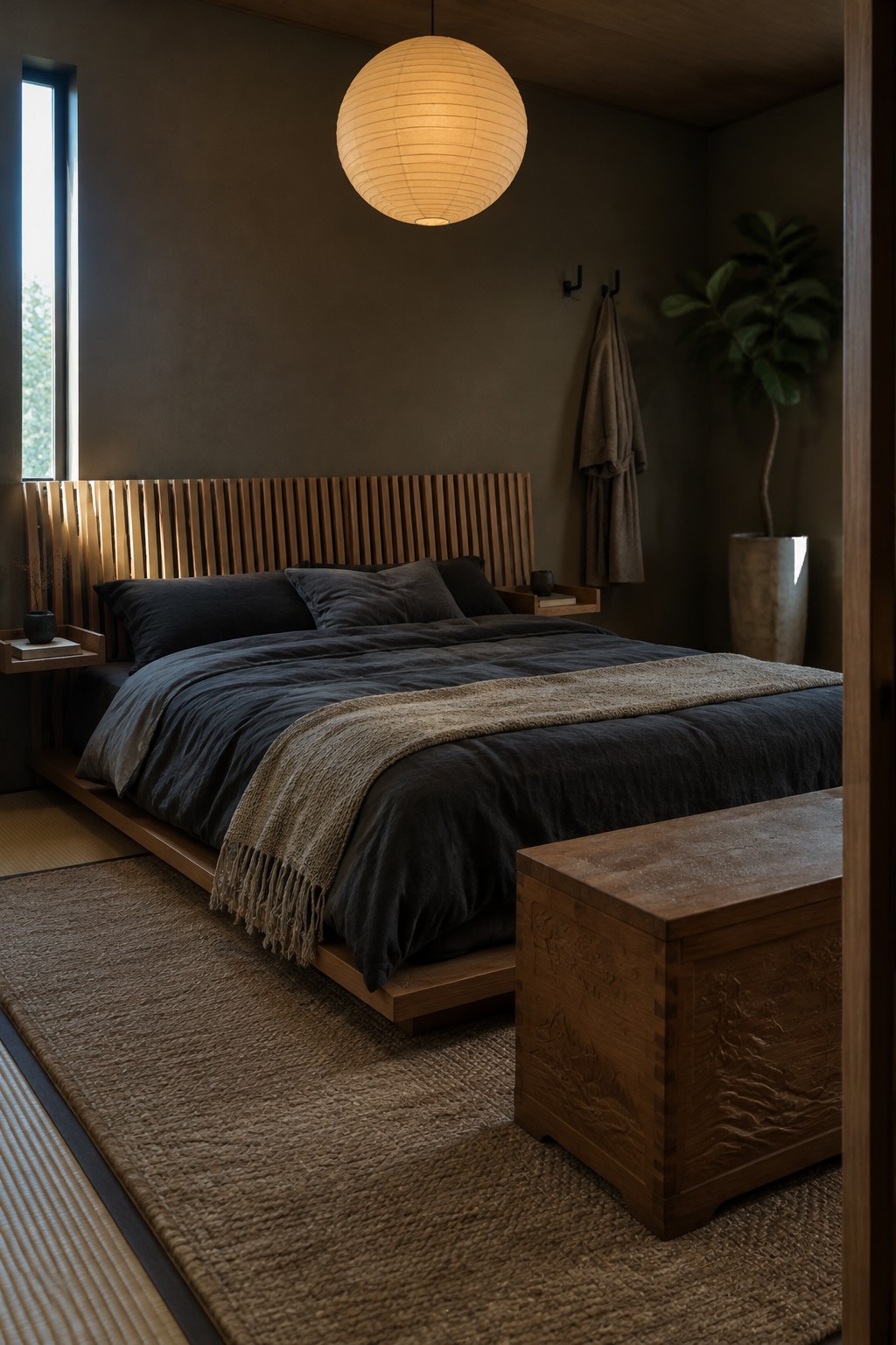 A bedroom with charcoal bedding, a textured beige throw, a slatted wood headboard, and a glowing paper pendant light.