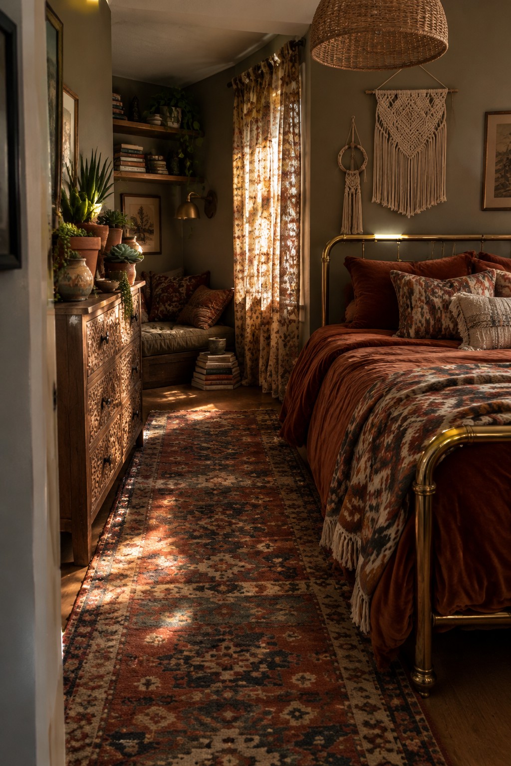 A bedroom with rust velvet bedding, a patterned coverlet, and a brass bed frame.