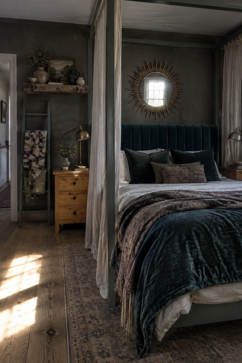 A four-poster bed with pale curtains, dark teal velvet bedding, and a tall upholstered headboard in a dark-walled bedroom.