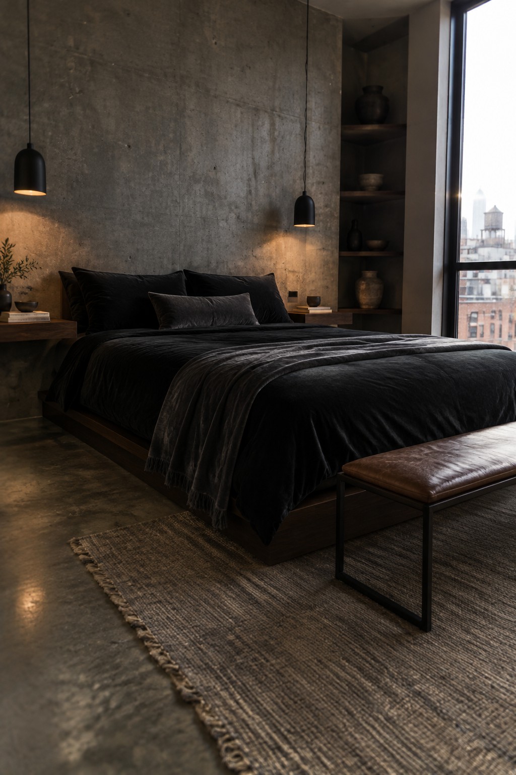 A bedroom with charcoal velvet bedding, a fringed throw, concrete walls, and black pendant lights.