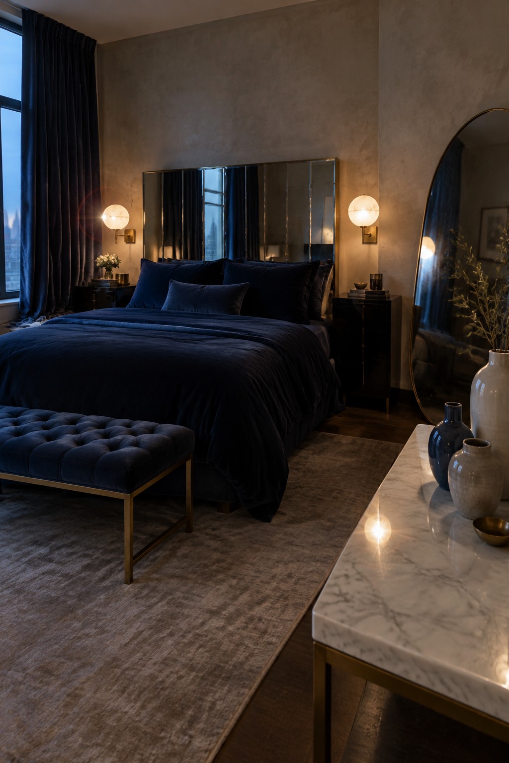 A bedroom with a navy velvet bed, matching pillows, a tufted bench, wall sconces, and a large mirror.