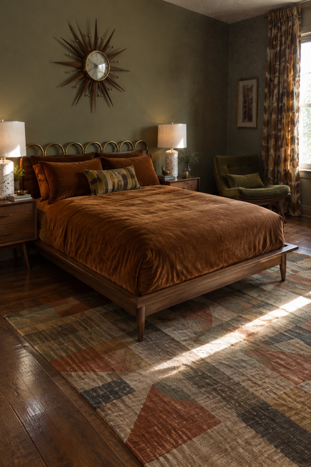 A bedroom with rust velvet bedding, a brass headboard, green walls, and a patterned rug.
