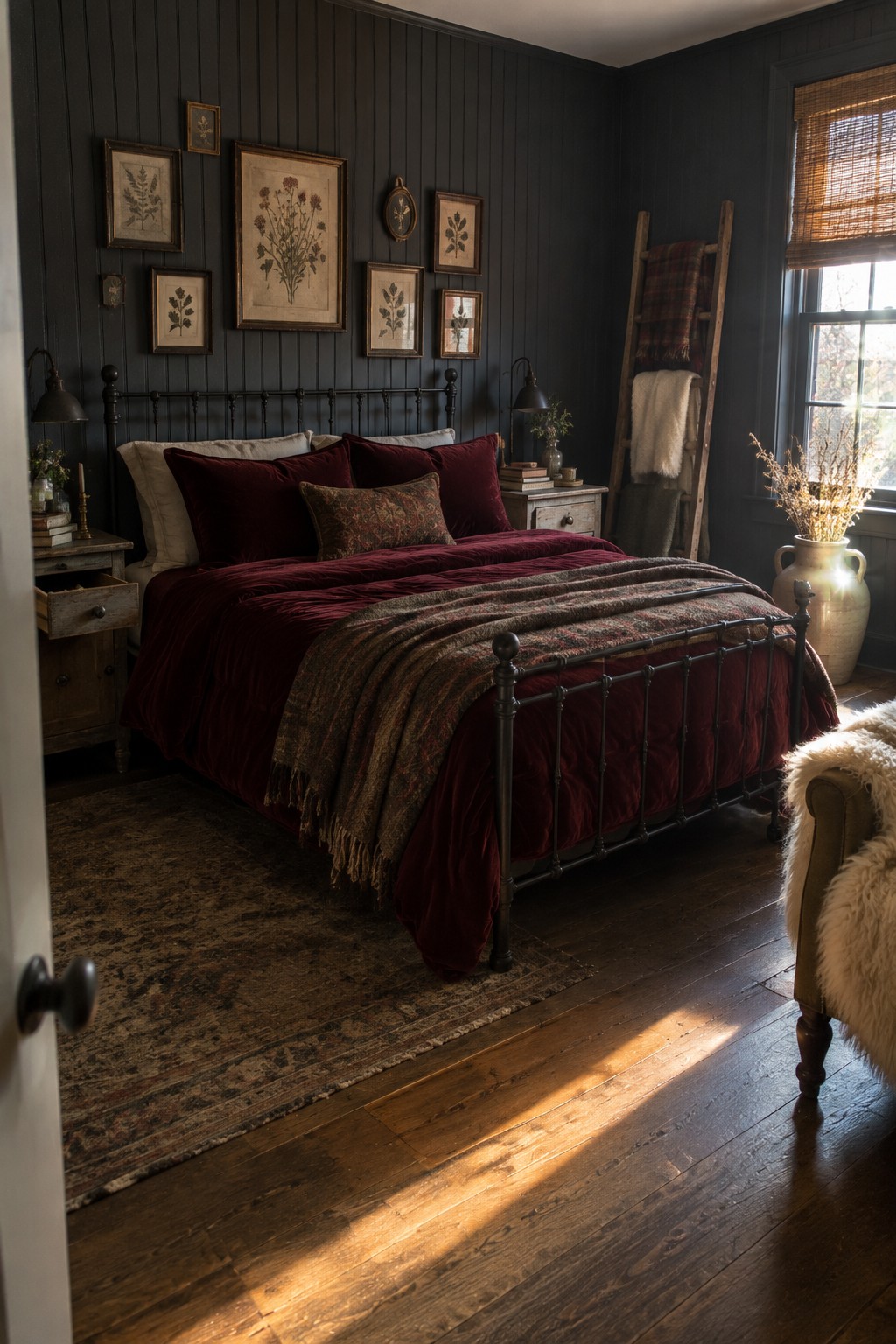 A burgundy velvet bed sits against dark paneled walls with botanical prints, a wooden ladder, and sunlight coming through a window.