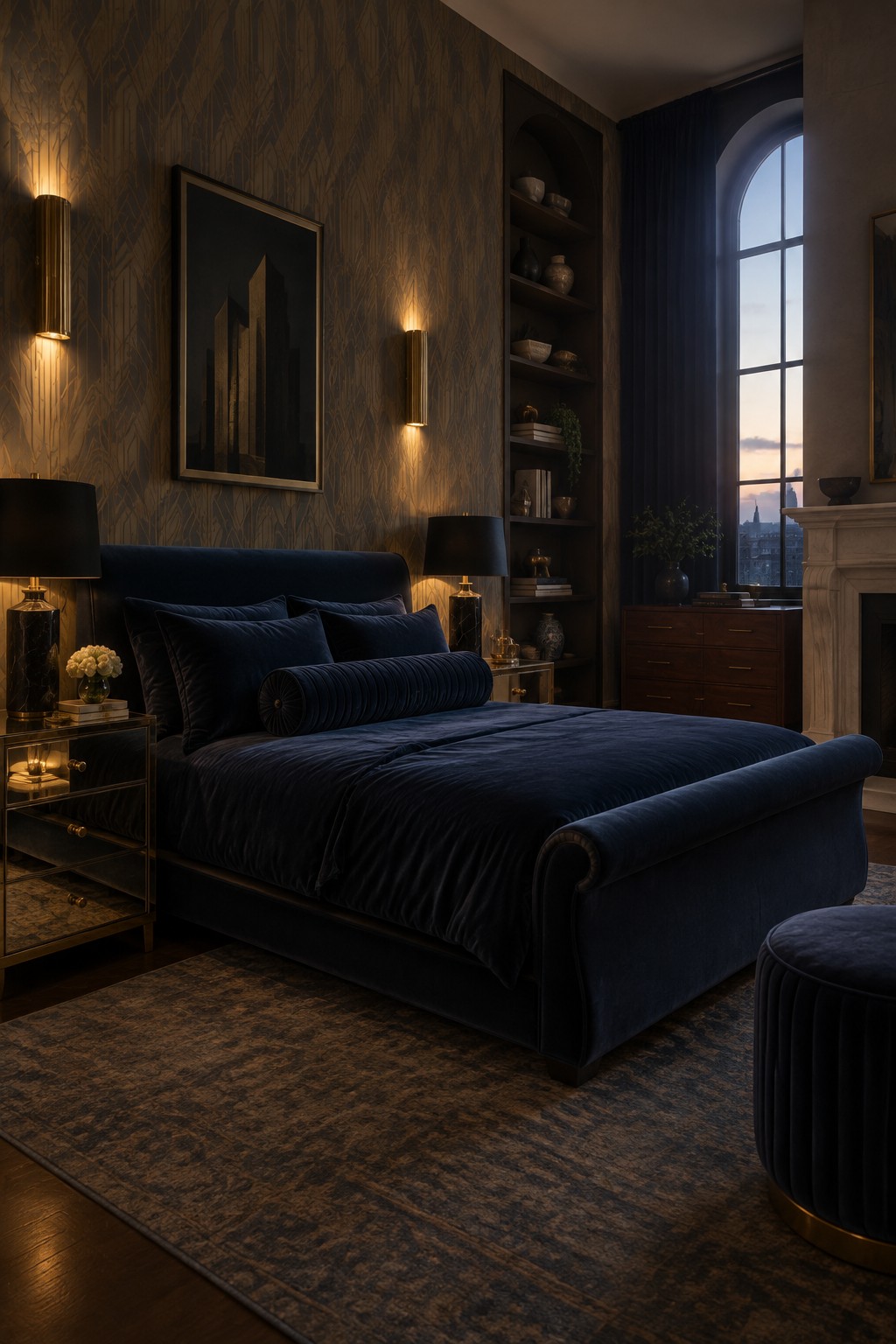 A navy velvet bed with a rounded upholstered frame sits in a bedroom with patterned wallpaper, brass sconces, and a tall arched window.