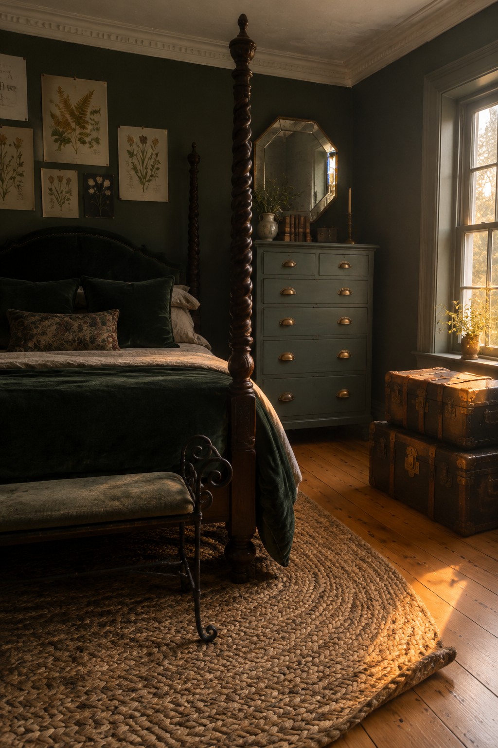 A dark wooden four-poster bed stands beside a gray-green chest of drawers, with botanical prints on the wall and stacked trunks near a window.