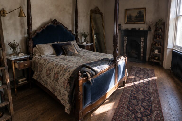 A dark carved four-poster bed with a patterned quilt stands in a bedroom with a fireplace, antique mirror, and wooden furniture.