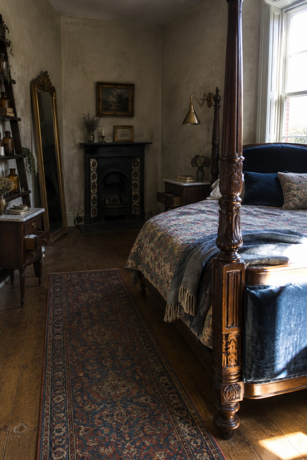 A dark carved four-poster bed with a patterned quilt stands in a bedroom with a fireplace, antique mirror, and wooden furniture.