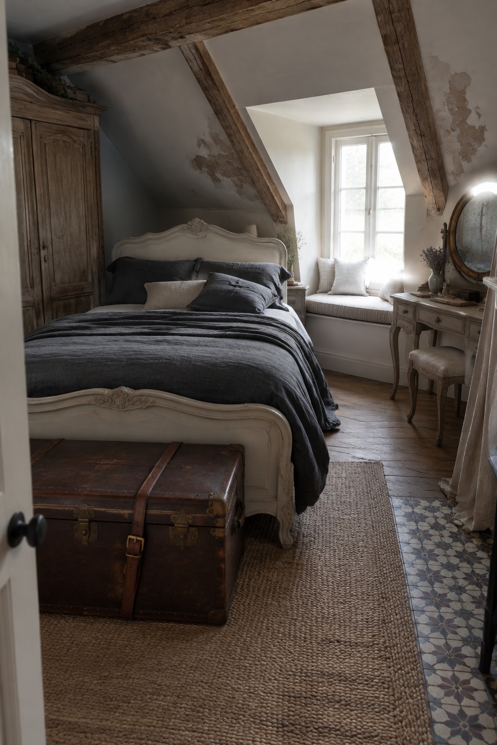 A bedroom with a carved cream bed, dark gray bedding, a wooden trunk, and a small antique desk beneath a window.