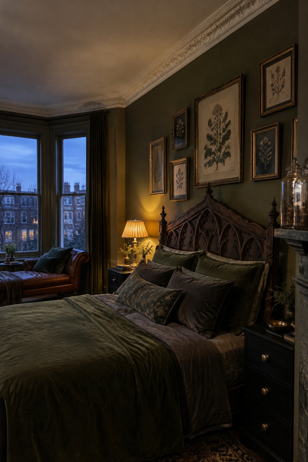 A bedroom with a carved wooden bed, dark green bedding, framed botanical prints, and a leather chair by the window.