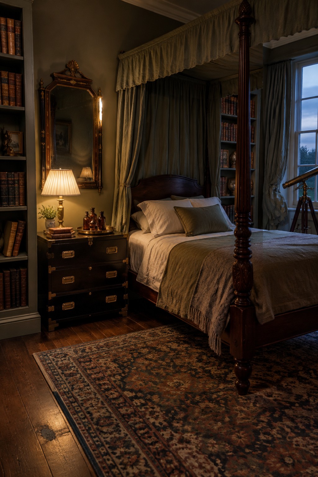 A dark wood canopy bed with pale curtains and neutral bedding sits beside a black trunk in a bedroom with bookshelves and a patterned rug.