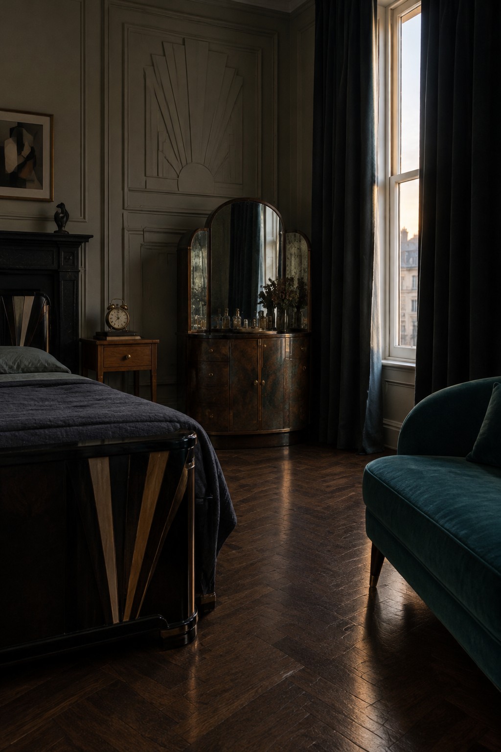 A dark wood antique vanity with an arched mirror stands beside a small bedside table in a bedroom.