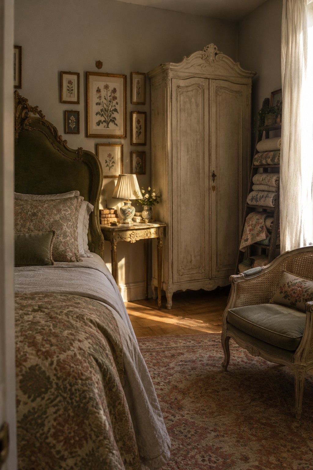 A distressed cream wardrobe stands beside a bed with a dark green carved headboard in a vintage-style bedroom.