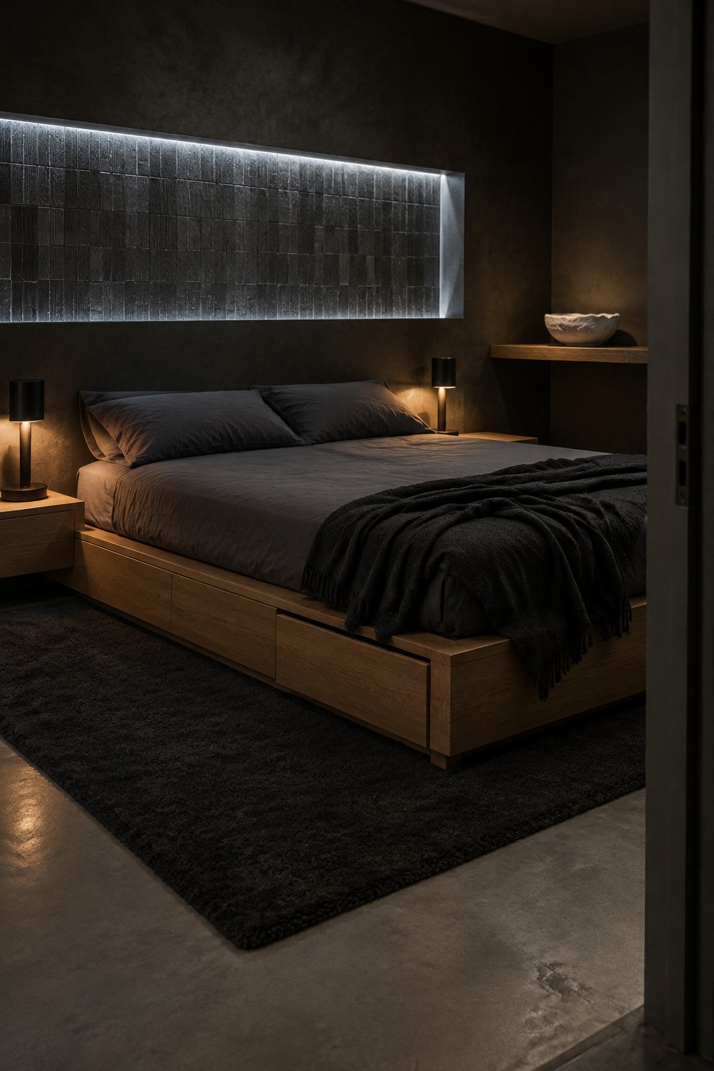A dark bedroom with a bed beneath a long backlit textured wall panel.