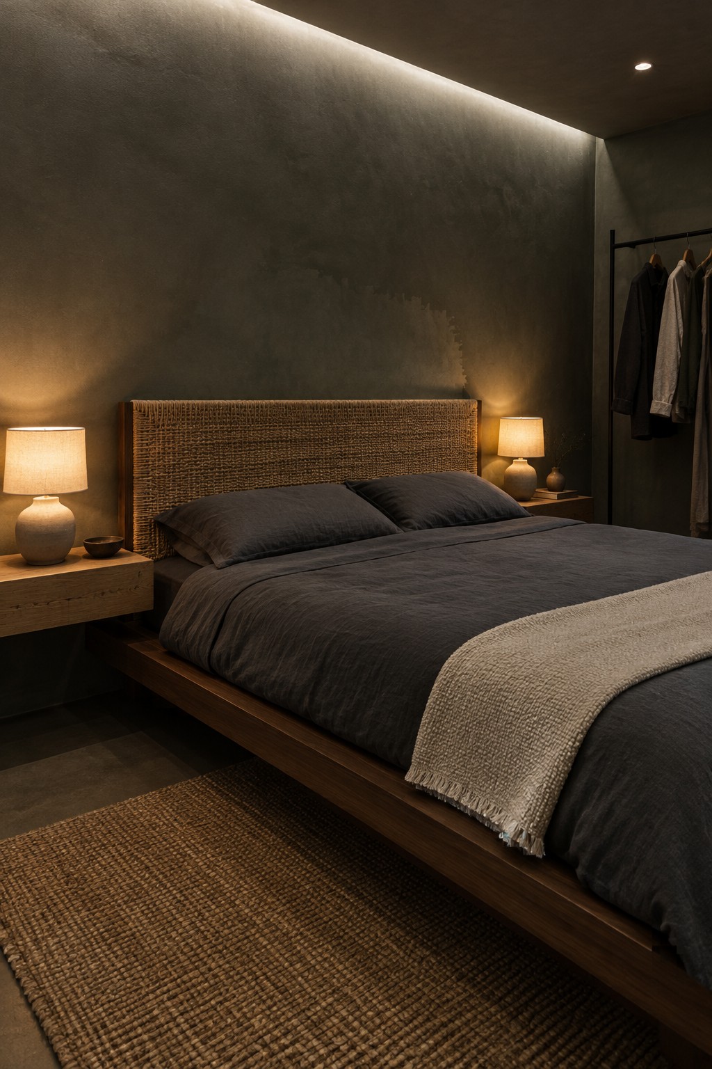 A dark bedroom with a woven headboard, charcoal bedding, warm bedside lamps, and a beige throw.