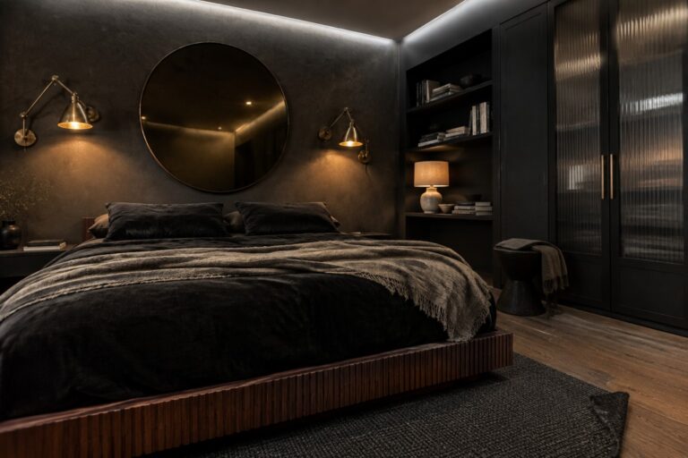 18 Dark Bedroom Ideas for Rooms With No Natural Light A dark bedroom with charcoal walls, a round mirror above the bed, brass wall lights, and black bedding.