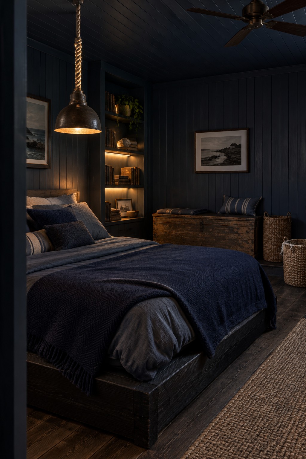 A dark blue bedroom with a glowing pendant lamp, illuminated shelves, and a navy bedspread.