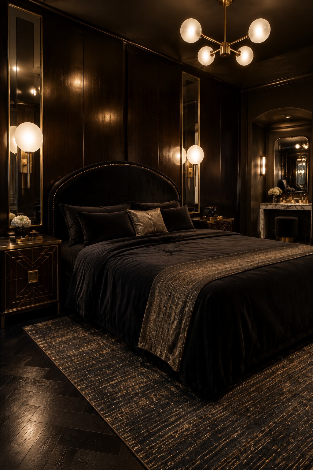 A dark bedroom with black bedding, an upholstered headboard, gold-accented furniture, and warm globe lights.