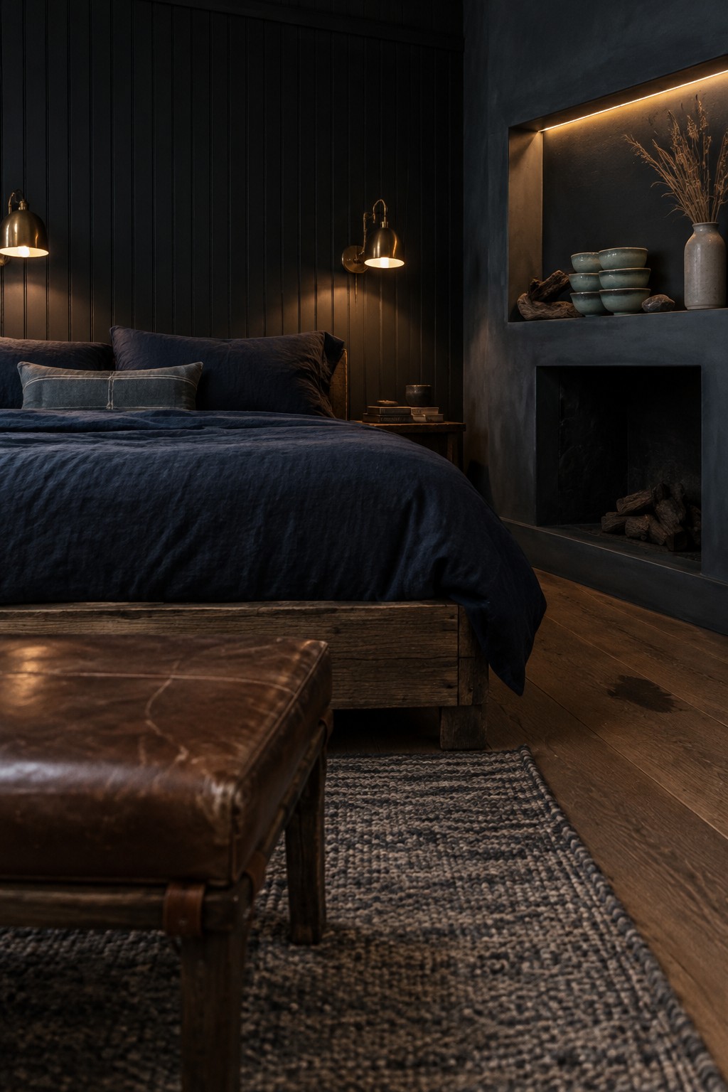 A dark bedroom with navy bedding, a weathered wood bed frame, black paneled walls, brass wall lamps, and a built-in fireplace.