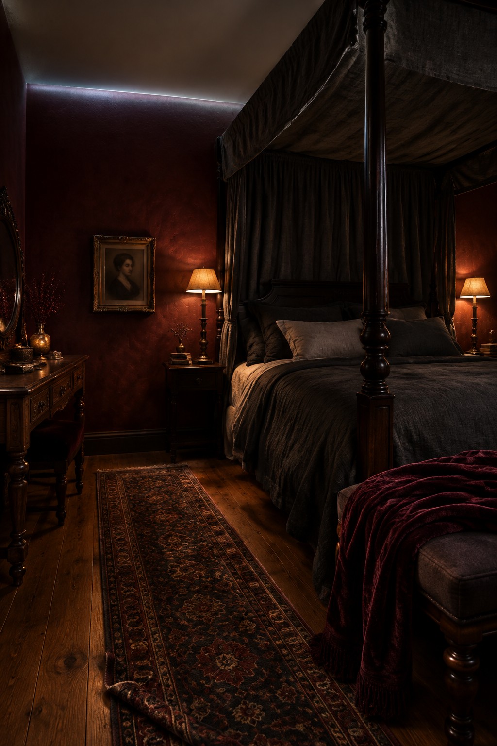 A dark four-poster bed with a fabric canopy stands in a bedroom with burgundy walls, warm bedside lamps, and a patterned runner.