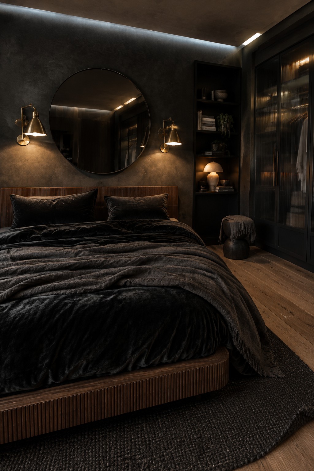 A dark bedroom with charcoal walls, a round mirror above the bed, brass wall lights, and black bedding.