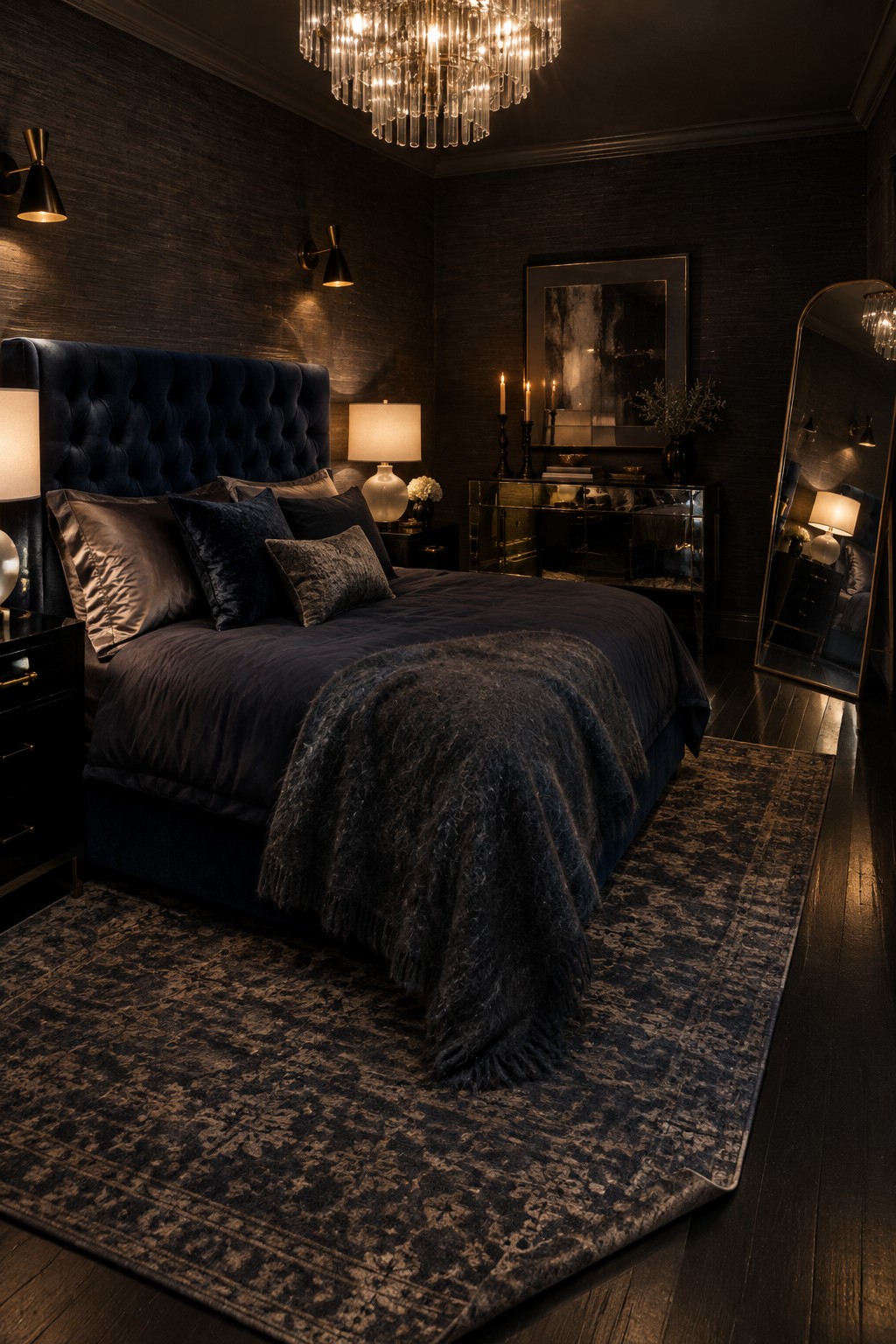 A dark bedroom with navy bedding, a tufted headboard, warm lamps, and a crystal chandelier.