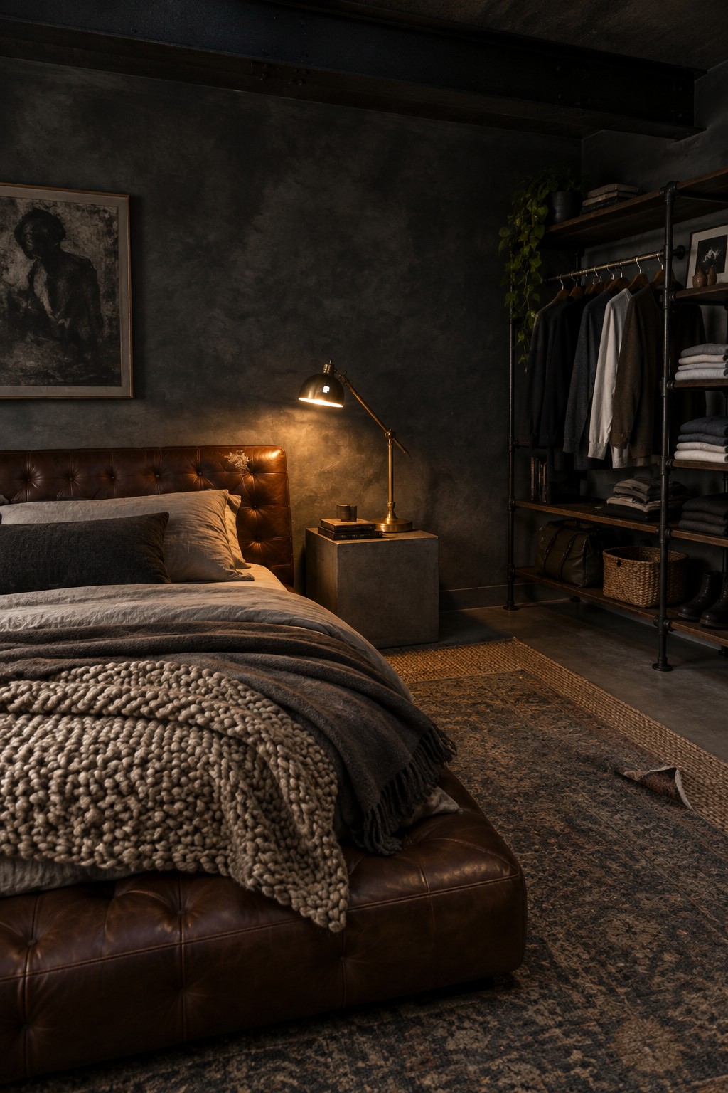 A dark bedroom with a metal clothes rack holding hanging garments and folded clothes beside a leather bed.