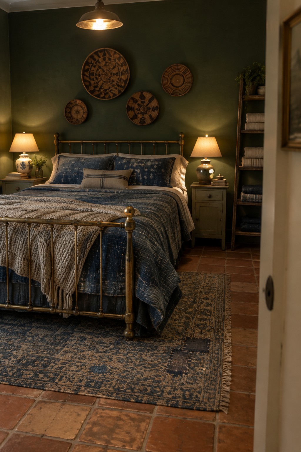 A bedroom with deep green walls, a brass bed, patterned navy bedding, woven baskets on the wall, and warm bedside lamps.