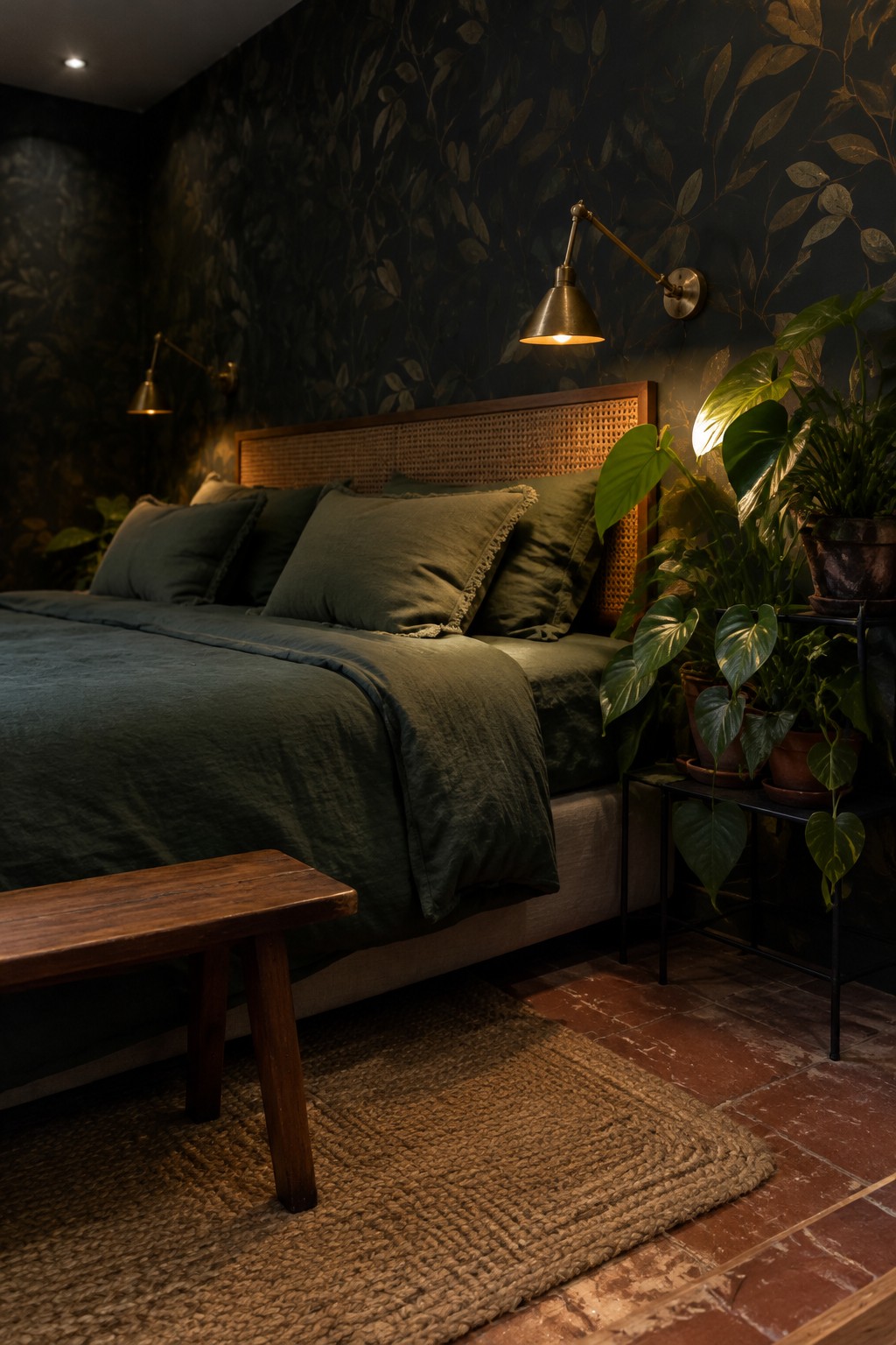 A dark bedroom with leafy wallpaper, green plants, a woven headboard, and warm wall lamps.
