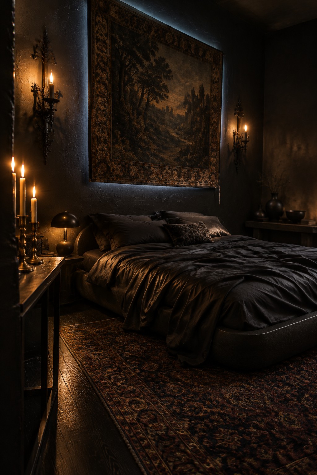 A dark bedroom with a patterned tapestry above the bed and a matching rug on the floor.