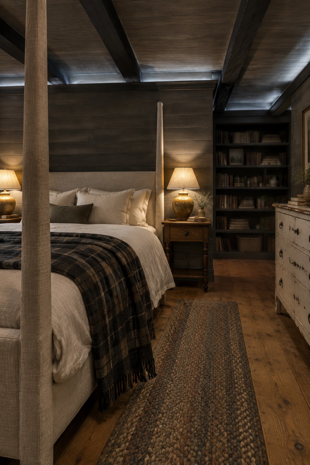 A bedroom with dark wood-paneled walls and ceiling, a beige four-poster bed, bedside lamps, and a built-in bookcase.