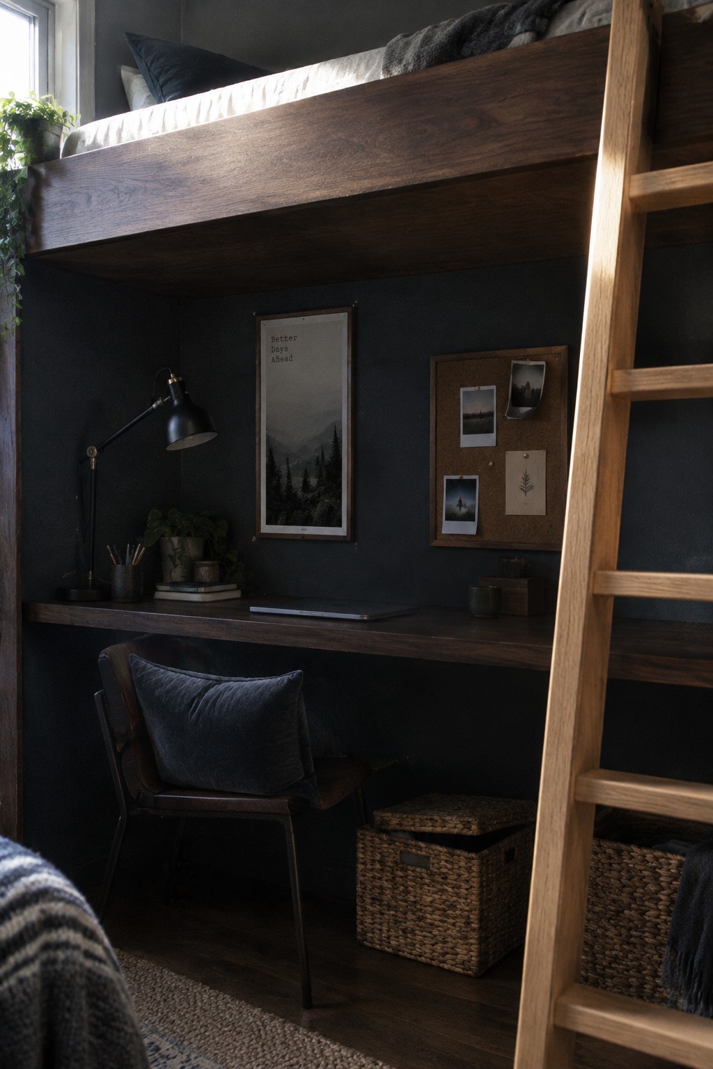 A dark wood loft bed sits above a built-in desk with a chair, lamp, and woven storage baskets.