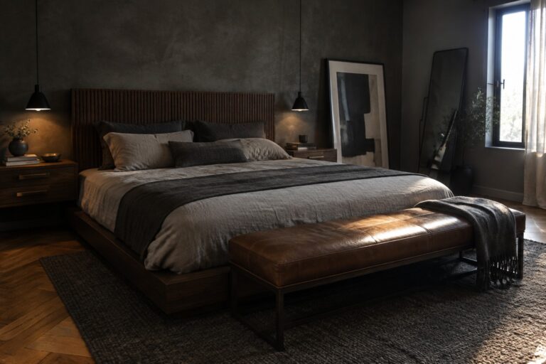 A bedroom with a dark wood slatted headboard, charcoal walls, pale bedding, and a leather bench at the foot of the bed.